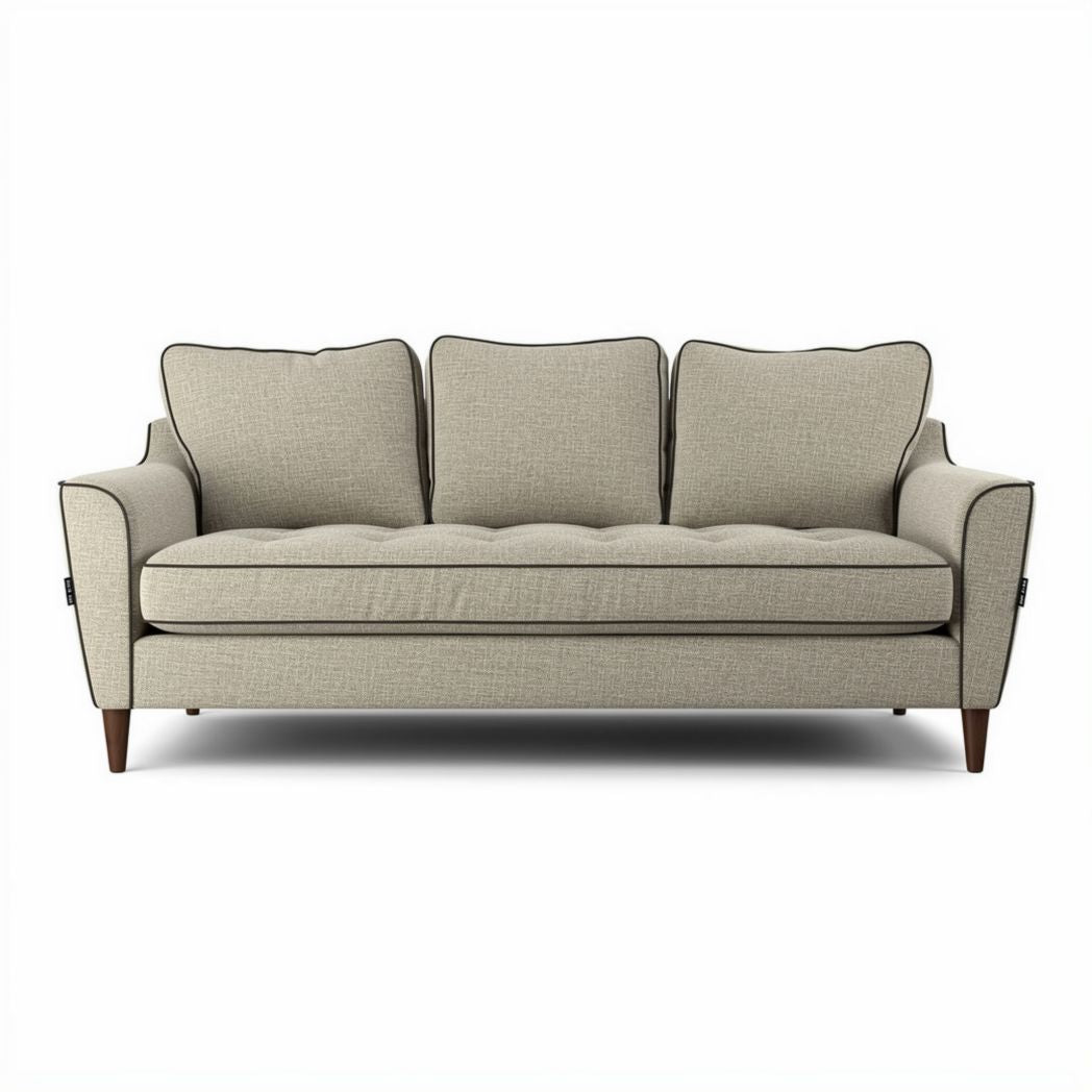 Driepersoonssalon in lichtgrijs stof met houten poten en afmetingen van 200 x 90 x 85cm