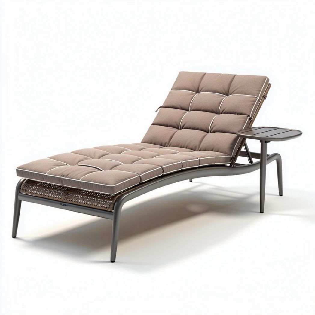 Ligstoel met verstelling en bijzettafel 200 x 70 x 30cm van gepoedercoat staal en stof in bruin