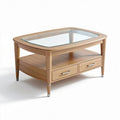 Salontafel van hout en glas met twee lades 120 x 60 x 45cm naturel bruin