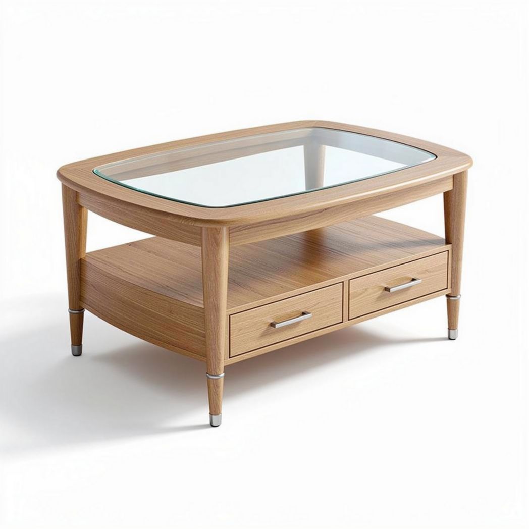 Salontafel van hout en glas met twee lades 120 x 60 x 45cm naturel bruin