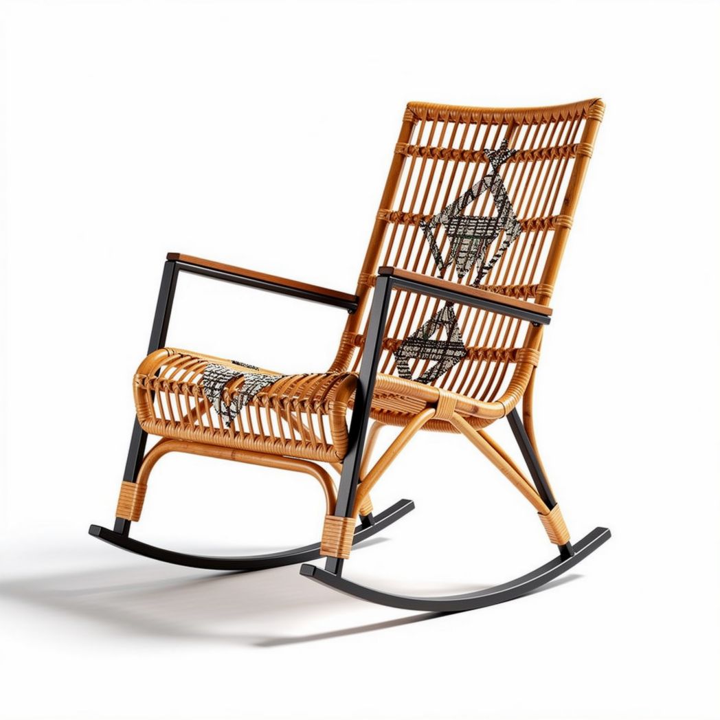 Schommelstoel van rotan met zwart metalen frame 85 x 65 x 100cm