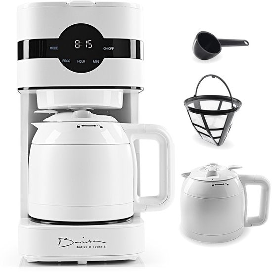 Barista Filterkoffiezetapparaat met Thermoskan – Filterkoffiemachine met aanraakscherm en timerfunctie, inclusief permanent filter. 900 W vermogen, 1,25 L watertank – genoeg voor 8 kopjes heerlijke koffie(Wit met thermoskan)
