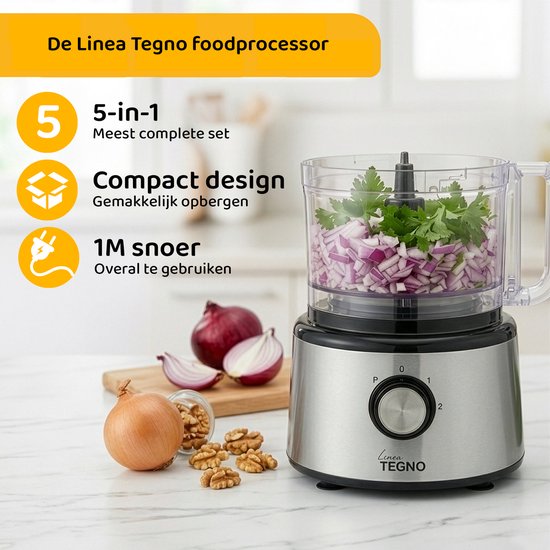 Linea Tegno Food Processor PRO-FP8001 - 5-in-1 RVS keukenmachine: blender, hakmolen, groentesnijder, citruspers en mixer in één. Voor groenten, fruit, noten, soepen, deegsoorten. 2,3L kom - Sinaasappels persen. 2,7L blender voor smoothies  shakes