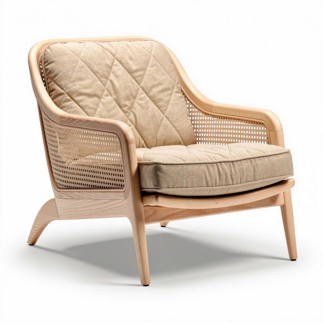Eenvoudige fauteuil van hout met zachte beige kussens en handgeweven rugleuning