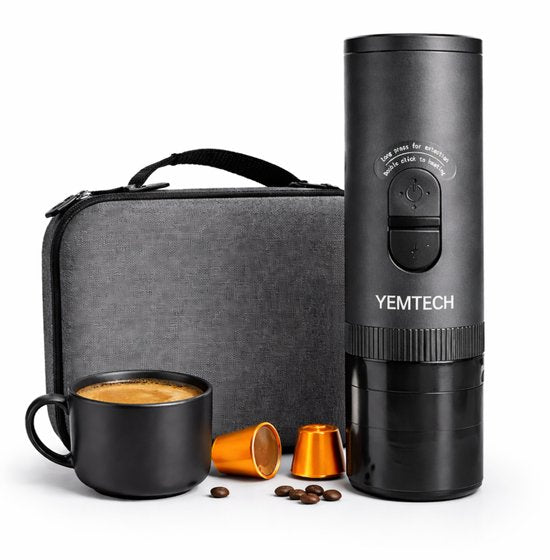 YEMTECH Yemtech® Draagbare Espressomachine – 3 in 1 Elektrische Draagbare Koffiemachine - ong. 100 ml - Espresso machine - Espressomachine voor Auto Camping Vrachtwagen – Inclusief Draagkoffer(GRIJS)
