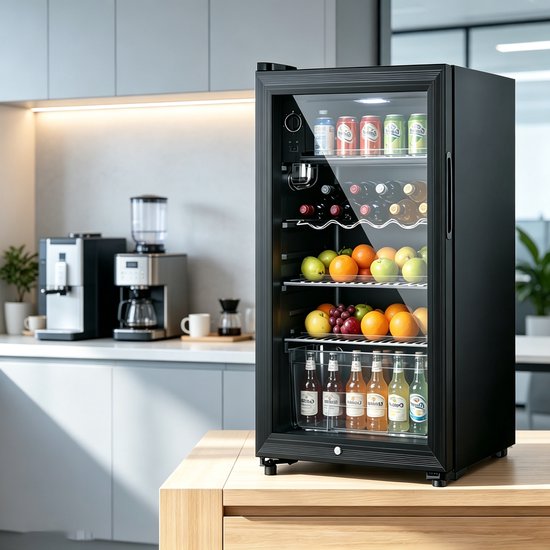 learnlogic Vrijstaande zwarte drankkoeler met een inhoud van 118 liter (geschikt voor maximaal 100 blikjes drank) en een apart vriesvak ideaal voor thuis en op kantoor Afmetingen 45 x 45,2 x 84 cm